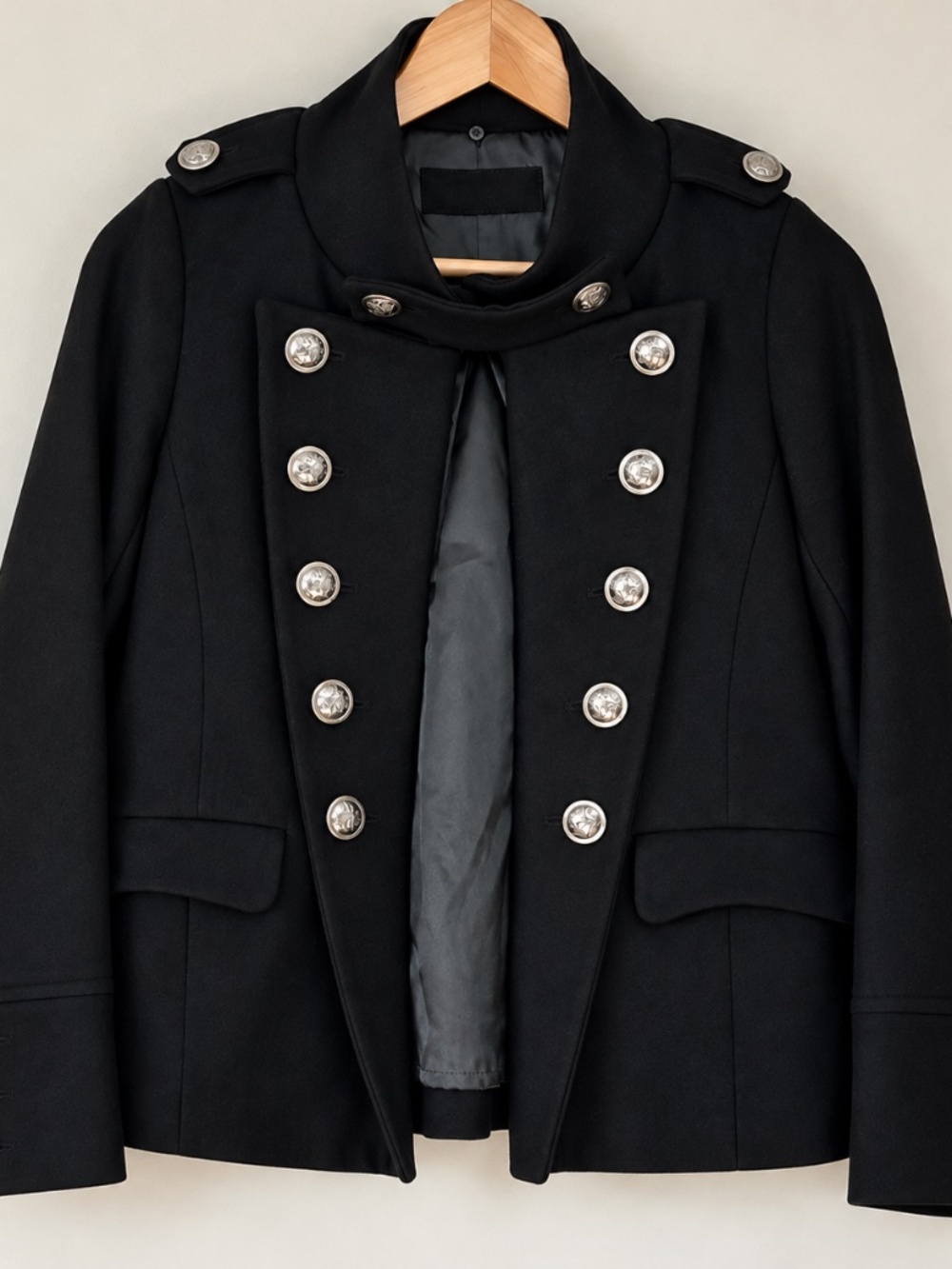 Jeanasis Black Wool Blend Military Jacket Silver Buttons Size M